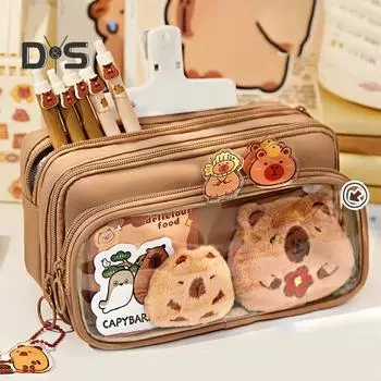 Пенал Capybara, большая вместимость, многослойная холщовая сумка для ручек с отделениями, водонепроницаемый материал, набор для самостоятельного изготовления пенала зелёный