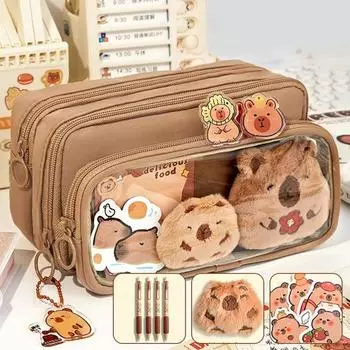 Пенал Capybara, вместительная многослойная холщовая сумка для ручек с отделениями, водонепроницаемая кофейный