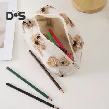 Пенал для карандашей, плюшевая косметичка с застежкой-молнией, большая вместимость, портативная сумка для ручек с принтом медведя, сумка для гаджетов B