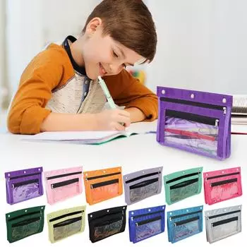 Пенал для папки с тремя кольцами, расширяемый карман на молнии, пенал большой емкости с прозрачным окошком One Size чёрный