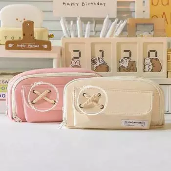 Пенал из хлопковой веревки с пуговицами, большая вместимость, детская сумка для хранения, школьная канцелярская коробка, пенал для хранения для девочек бежевый