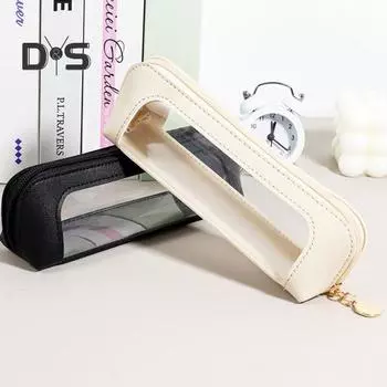 Пенал из искусственной кожи, прозрачный дизайн, большая вместительная сумка для ручек, компактный органайзер на молнии для канцелярских принадлежностей для работы в университете светло-коричневого