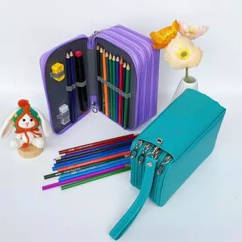 Пенал из ПУ однотонного цвета большой емкости - вмещает 72 цвета, коробка для канцелярских принадлежностей для студентов, сумка для художественных карандашей 72 slots озеро зеленый