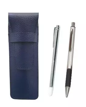 Пенал из зернистой кожи синего цвета с металлическим стержнем-индикатором и шариковой ручкой с металлическим захватом, серебристого цвета и SASL-701S-WZS2062BP