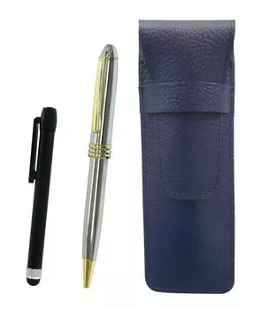 Пенал из зернистой кожи, синий металлический стержень, набор из вращающейся шариковой ручки черного и блестящего серебристого цветов SASL-ALB-PD07