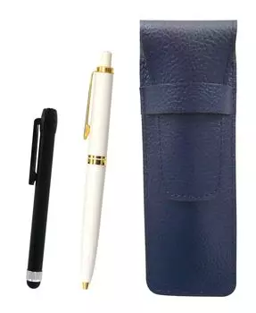 Пенал из зернистой кожи, синий, металлический стержень, черный и латунные детали в евростиле, набор шариковых ручек ударного типа, белый SASL-ALB-NXB-W