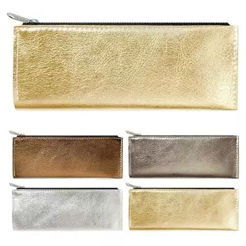 Пенал кожаный тонкий натуральная кожа компактный тонкий пенал держатель для ручек простые роскошные канцелярские принадлежности стильный металлизированная кожа молния YKK металлизированное золото золотой