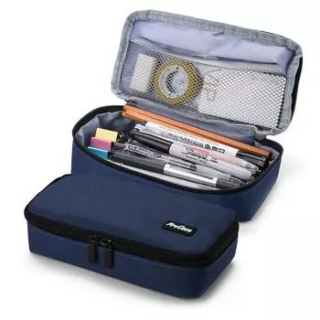 Пенал ProCase, Большая вместимость, Пенал, Простой, Большой размер, Для студентов, Взрослых, Функциональный, Мальчики, Девочки, Канцелярские принадлежности, Двойная молния – Темно-синий