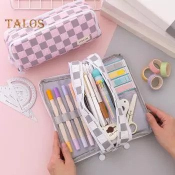 Пенал с 3 отделениями, большая вместимость, одинаковый цвет, застежка-молния, сумка-карандаш в клетку, школьная сумка для девочек и мальчиков, пенал для хранения розовый