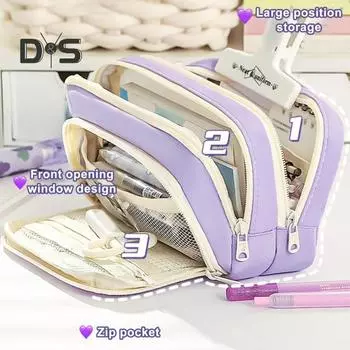 Пенал с 3 отделениями, большой вместимостью, застежка-молния, контейнер для ручек, маркеров, ластиков, визиток, органайзера фиолетовый