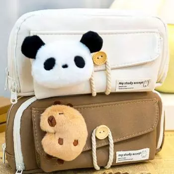 Пенал с пандой и капибарой, большая вместительная канцелярская сумка с капибарой, детская сумка