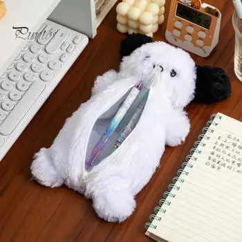 Пенал с рисунком щенка, плюшевый материал, большая вместимость, пенал с застежкой-молнией, органайзер для косметики и канцелярских принадлежностей, школьные принадлежности белый