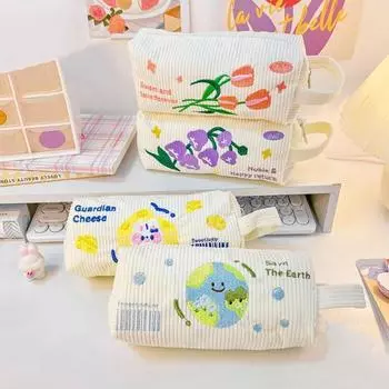 Пенал с вышивкой «Земля» с ручкой, большая вместительная сумка для хранения ручек для студентов, школьные принадлежности, коробка для ручек, сумка для карандашей, офисные канцелярские принадлежности синий