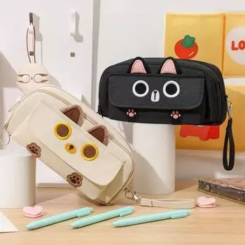 Пенал в форме мультяшного кота, большой емкости, пенал с рисунком котенка, много карманов чёрный