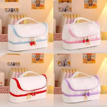 Pencil Bag Cute Cartoon PU Waterproof 2 Layer Portable Pen Storage Case with Strawberry Shaped Doubl Pink