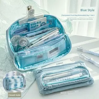 Pencil Case Girls Primary School Students Multi-Layer Ins Japanese Style Good-looking Junior High School Students Dedicated Stationery Case Pencil Box Blue (transparent front bag removable) buy 1 to 2