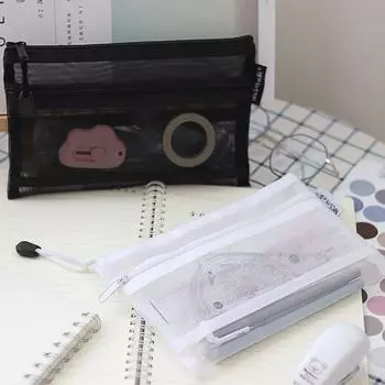 Pencil Case School Stationery Supplies File Folder Cosmetic Storage Bag Double Mesh Pencil Bag белый