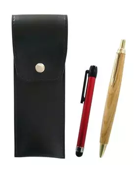 Pencil Case with Round Red Metallic Touch and Maple Wood Barrel Retro Ballpoint Pen Set Two-Pack Japanese-Made Button, Black, Stick,