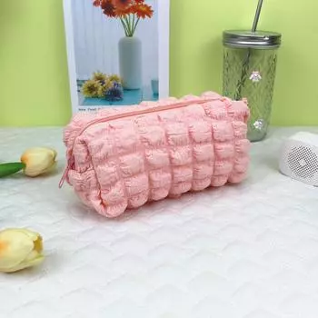 Pencil Lattice Case Cosmetic Bag With Soft Fabric High Storage Gift Capacity Pink
