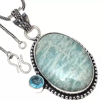 Pendant Amazonite Swiss Blue Gemstone Handmade Antique Silver Jewelry 2