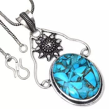 Pendant Blue Copper Turquoise Gemstone Handmade Ethnic Silver Jewelry 2.25