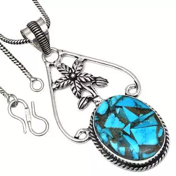 Pendant Blue Copper Turquoise Gemstone Handmade Ethnic Silver Jewelry 2.25