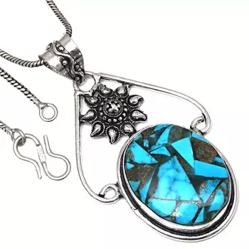 Pendant Blue Copper Turquoise Gemstone Handmade Ethnic Silver Jewelry 2.25
