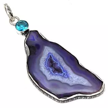 Pendant Blue Slice Drusy Gemstone Handmade Silver Jewelry 3.5