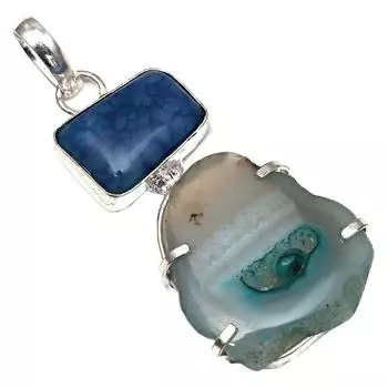 Pendant Blue Sunshine Drusy Gemstone Handmade Silver Jewelry 2.5