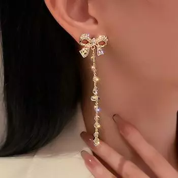 Pendant Bow Pearl Tassel Earrings Tassel Chain Bowknot Drop Earrings Pearl Fringe Ear Hanging Lady золотистый