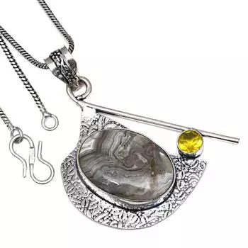 Pendant Crazy Lace Agate Citrine Quartz Gemstone Handmade Silver Jewelry 2.25