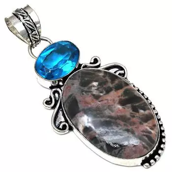 Pendant Designer Jasper Swiss Blue Gemstone Handmade Silver Jewelry 2.5