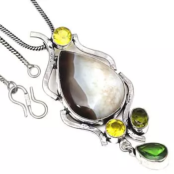 Pendant Gray Botswana Agate Citrine Quartz Gemstone Handmade Silver Jewelry2.5