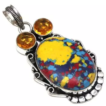 Pendant Mosaic Jasper CitrineGemstone Handmade Silver Jewelry 2.25