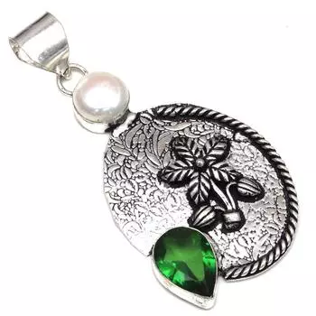 Pendant Pearl Emerald Gemstone Mother Day Gift Silver Jewelry 2.5
