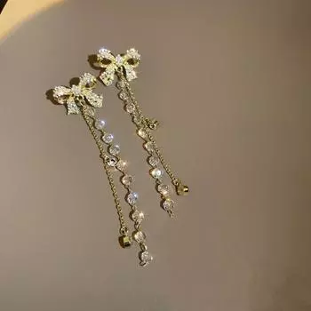 Pendant Pearl Fringe Ear Hanging Inlaid Rhinestone Bowknot Drop Earrings Party золотистый