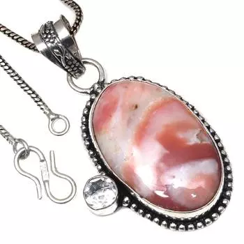 Pendant Pink Opal Swiss Blue Gemstone Valentine Day Gift Silver Jewelry 2.25