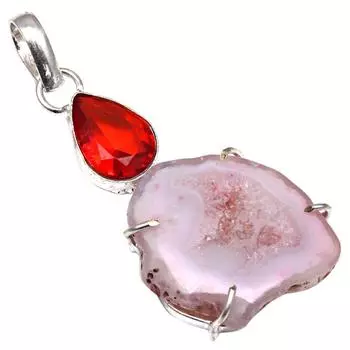 Pendant Pink Slice Drusy Gemstone Handmade Silver Jewelry 2.25
