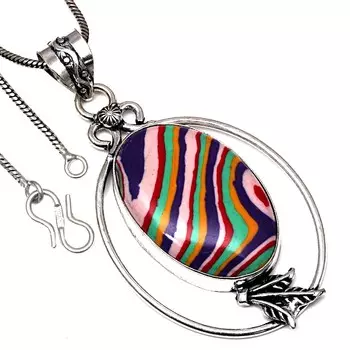 Pendant Rainbow Calsilica Gemstone Handmade Antique Silver Jewelry 2.5