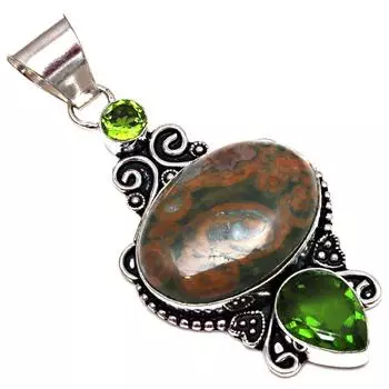 Pendant Rainbow Calsilica Peridot Quartz Gemstone Silver Jewelry 2.75
