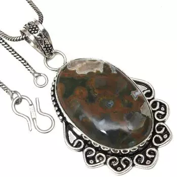 Pendant Rainforest Jasper Gemstone Handmade Antique Silver Jewelry 2.25