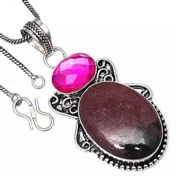 Pendant Rhodonite Pink MyStick Gemstone Handmade Ethnic Silver Jewelry 2.25
