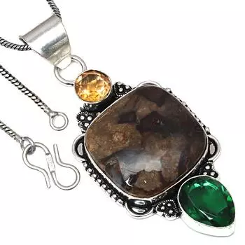 Pendant Rock Calsi Citrine Quartz Gemstone Handmade Silver Jewelry 2.5