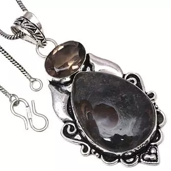 Pendant Rock Calsi Smoky QuartzGemstone Valentine Day Silver Jewelry 2.5