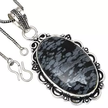 Pendant Snowflake Obsidian Gemstone Valentine Day Gift Silver Jewelry 2.25