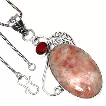 Pendant Sunstone Garnet Gemstone Valentine Day Ethnic Silver Jewelry 2.5