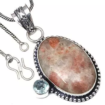 Pendant Sunstone Swiss Blue Gemstone Handmade Antique Silver Jewelry 2
