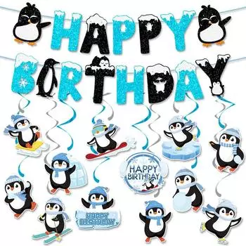 Penguin Birthday Decoration Banner Winter Festival Birthday Decoration Spiral Pendant Birthday Flag and Flower Arrangement