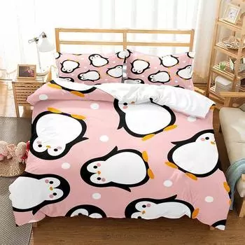 Penguin Duvet Cover Set Cute Kawaii Wild Animals Polyester Comforter Cover With Pillowcase Queen Size For Kid Teen Bedding Set EU single(135x200cm)
