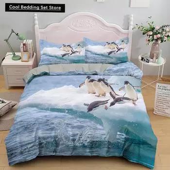 Penguin King Queen Duvet Cover Lovely Black White Antarctic Animals Bedding Set for Kids Wildlife 2/3pcs Polyester Quilt Cover EU single(135x200cm)